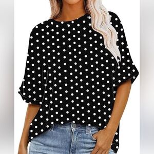 White polka dot on black womans short sleeve top blouse cotton polyester plus